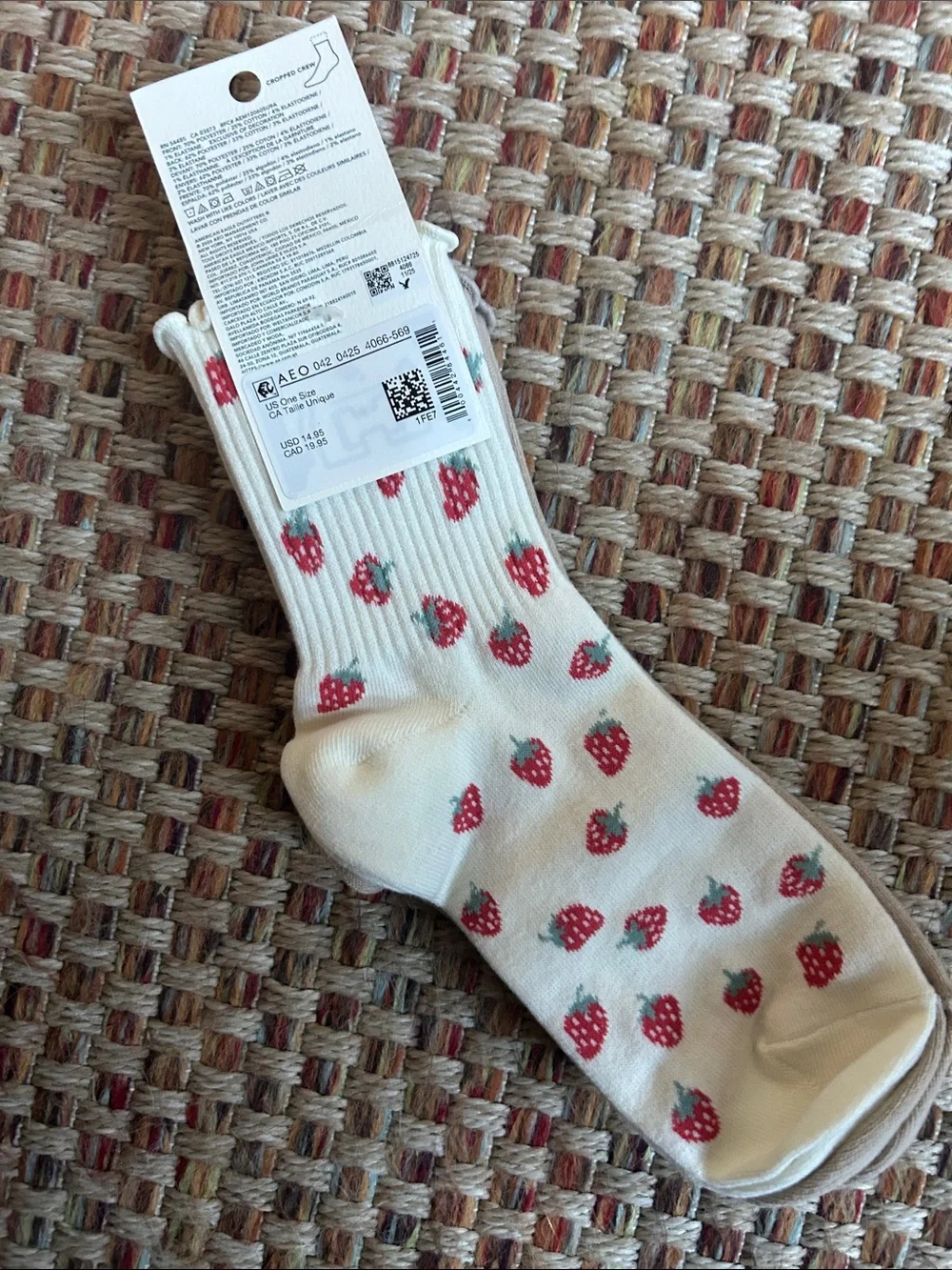 American Eagle Outfitters Beige Cropped Crew Socks with Strawberry Embroidery